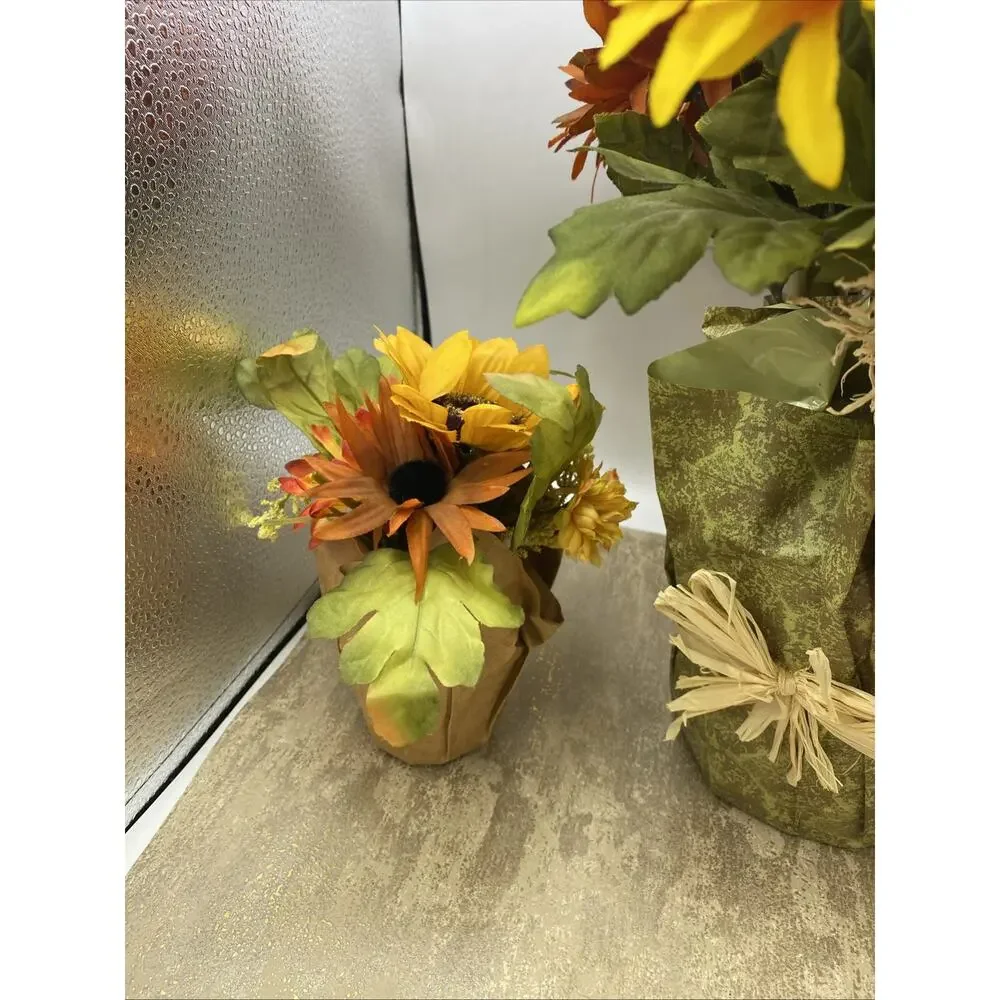 Whimsical Fall Scarecrow Floral Display in Pot Along With 2 Small Floral Pots